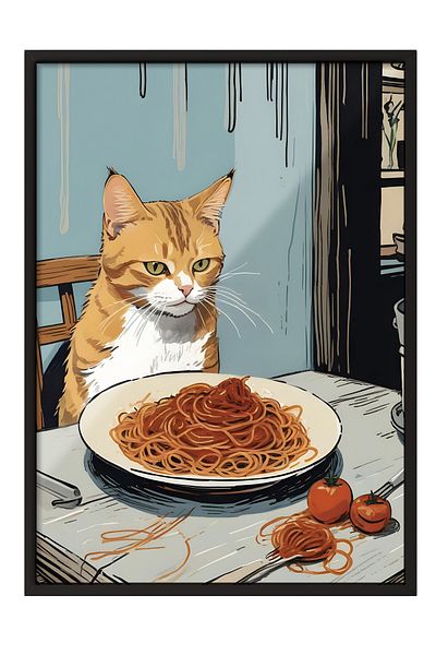Postifull Pictură cu cadru negru, pisica portocalie cu spaghetti, pictură de perete pentru bucătărie din seria Comfort, NR:109089