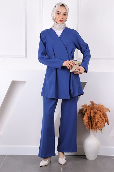 İmajButik بدلة تونيك برباط جانبي باللون الأزرق الداكن مع بنطلون