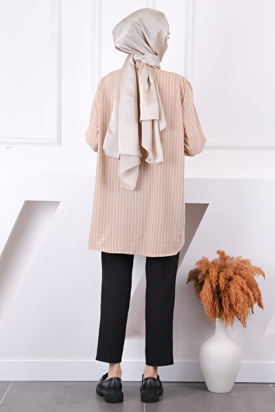 İmajButik Ριγέ χιτώνα βιζόν με πέτρες στο μπροστινό μέρος