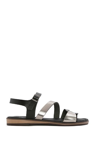 Derimod Women's Black Buckle Metallic Leather Bodrum Sandals 25Sfd 333618