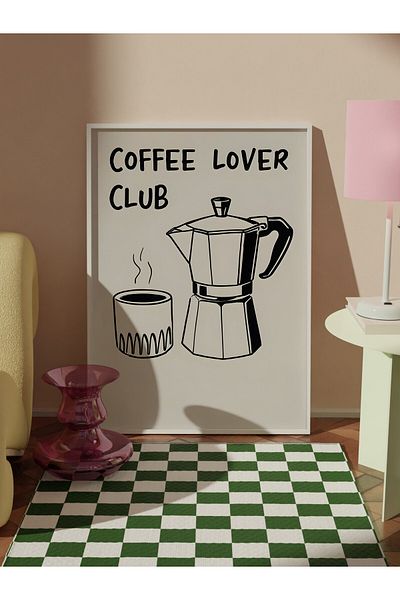 Postifull White Framed Painting, Coffee Lover Club, Comfort Series Kitchen Wall Painting, No: 109115