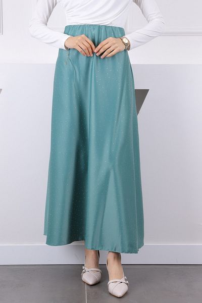 İmajButik Μέντα Πράσινη Μέση Ελαστική Πέτρινη Σατέν Φούστα