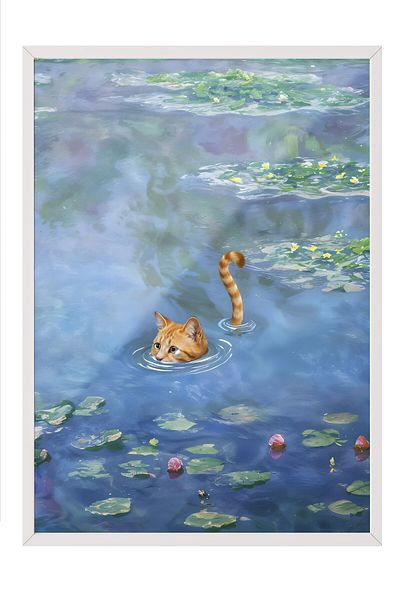 Postifull Pictură cu cadru alb, Cat Print Monet Waterlily - 1, Pictură de perete pentru bucătărie din seria Comfort, NR:108966