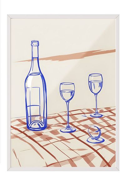Postifull White Framed Painting, Bottle & Glasses, Comfort Series Kitchen Wall Painting, No:109080