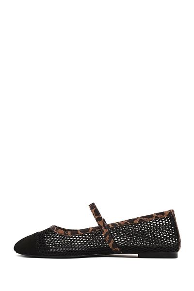 Derimod Women's Black Leopard Patterned Buckle Mesh Leather Ballerinas 25Sfd 140414