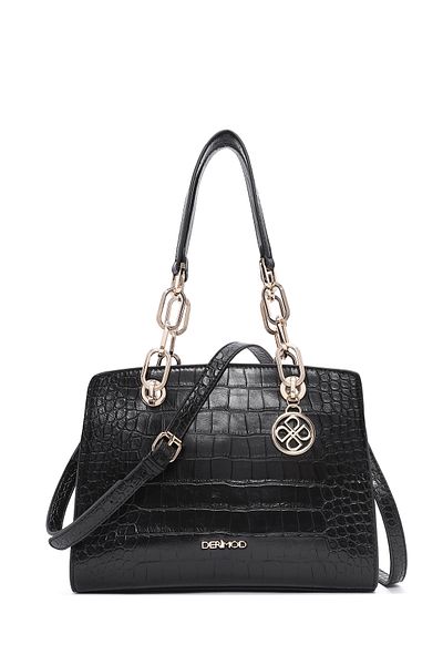 Derimod Women's Black Long Strap Crocodile Patterned Classic Shoulder Bag 25Sbd2479E3