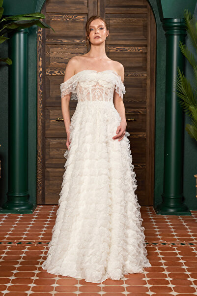 Lenta Moda Beyaz Fırfır Dantelli Maxi Boy Gelinlik