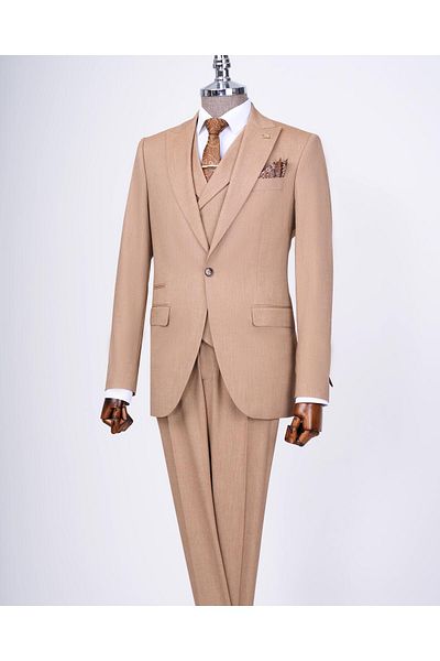 TerziAdemAltun Camel Italian Style Jacket and Vest Set - T12820
