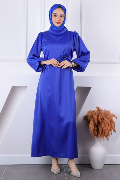 İmajButik Βραδινό φόρεμα Saks Blue Rose με λεπτομέρεια από σατέν μανίκι με μπαλόνι