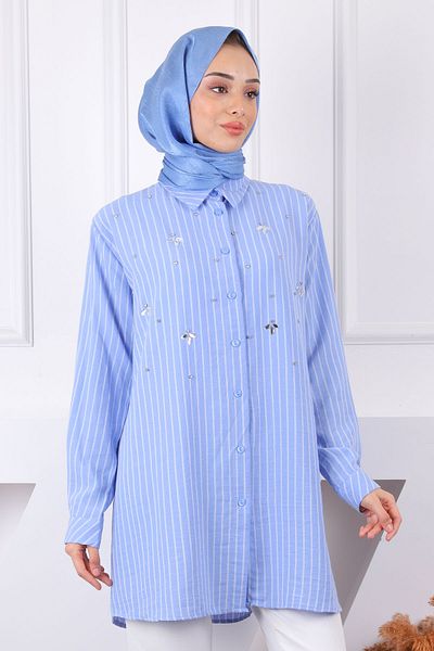 İmajButik Μπλε ριγέ χιτώνα με πέτρες μπροστά