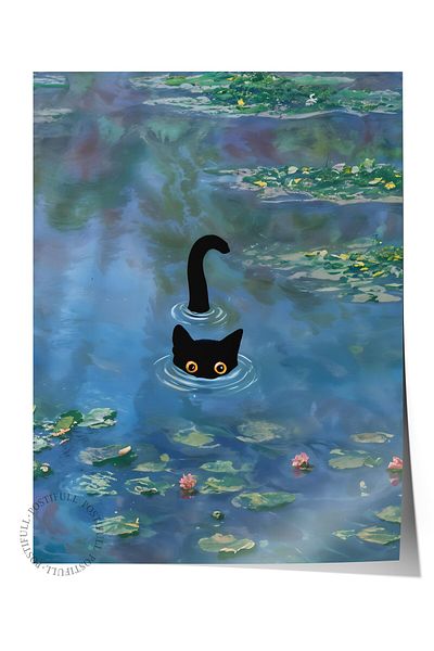 Postifull Unframed Poster, Cat Print Monet Waterlily - 2, Comfort Series Kitchen Wall Poster, No:108967