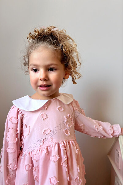 penu baby kids Pembe Mevsimlik  Çiçek Figürlü Uzun Kol Kız Çocuk Kız Bebek Elbise