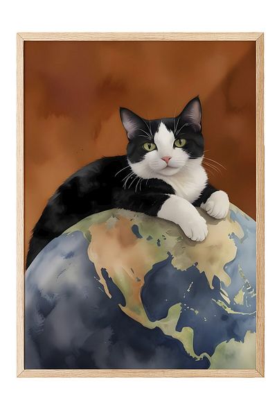Postifull Ζωγραφική με ξύλινο πλαίσιο, Black Cat on World, Ξύλινη ζωγραφική κουζίνας Comfort Series, NO:108964