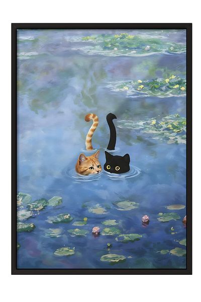 Postifull Tablou cu cadru negru, Cat Print Monet Waterlily - 3, Pictură de perete pentru bucătărie din seria Comfort, NR:108968