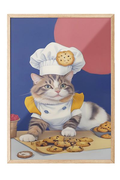 Postifull Ζωγραφική με ξύλινο πλαίσιο, The Chef Cat of Cookies, Ξύλινη ζωγραφική κουζίνας Comfort Series, NO:109104