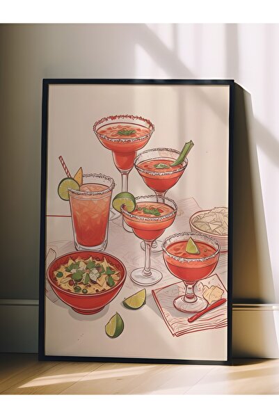 Postifull Siyah Çerçeveli Tablo, Coctails & Lime, Comfort Serisi Mutfak Duvar Tablosu, NO:109096