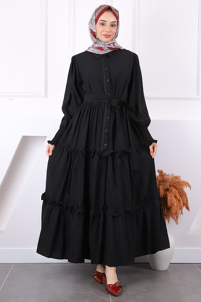 İmajButik Μαύρο φόρεμα με κέντημα με ζώνη στη μέση