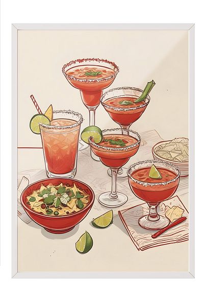 Postifull White Framed Painting, Coctails & Lime, Comfort Series Kitchen Wall Painting, No:109096