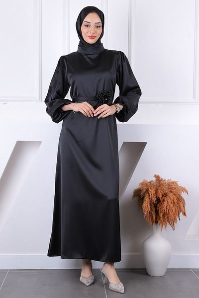 İmajButik Βραδινό φόρεμα με μαύρο τριαντάφυλλο με λεπτομέρεια από σατέν μανίκι