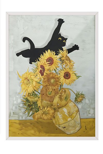 Postifull Ζωγραφική με λευκό πλαίσιο, Cat Print Van Gogh, Ζωγραφική τοίχου κουζίνας σειράς Comfort, NO:108965