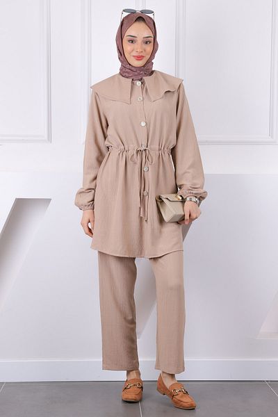 İmajButik Κοστούμι παντελόνι με δέσιμο με μινκ μέση