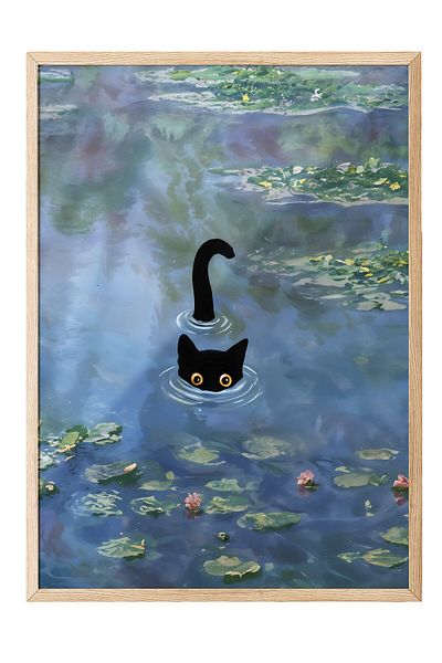Postifull Ζωγραφική με ξύλινο πλαίσιο, Cat Print Monet Waterlily - 2, Ξύλινη ζωγραφική κουζίνας Comfort Series, NO:108967