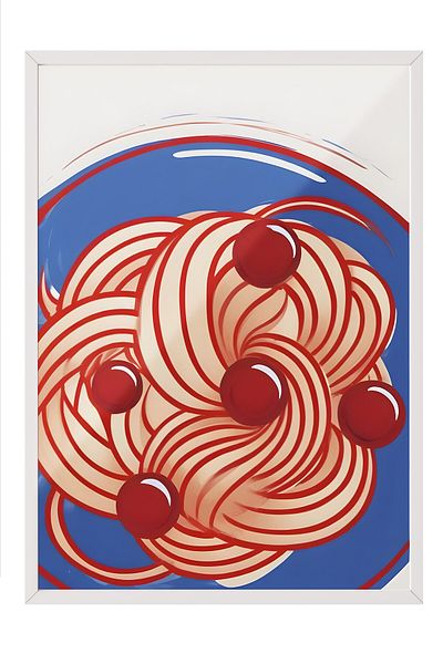 Postifull White Framed Painting, Red Cake, Blue Bowl, Comfort Series Kitchen Wall Painting, No:109098