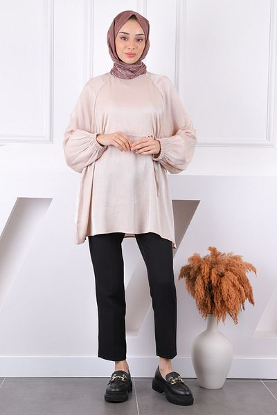 İmajButik Beige Waist Belted Shiny Tunic
