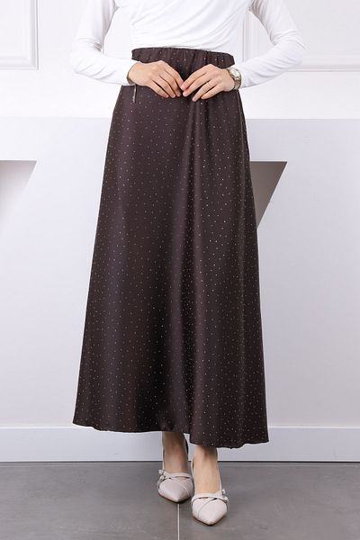 İmajButik Καφέ ελαστική μέση πέτρινη σατέν φούστα