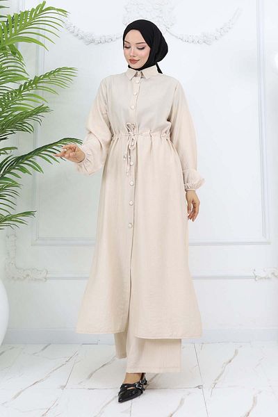 benguen Side Slit Detailed Tunic Trousers Suit Stone Color 4770