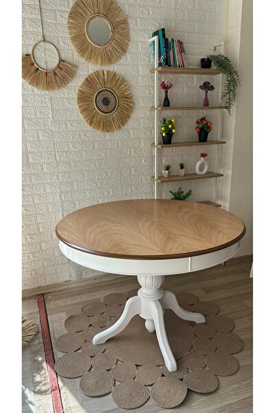 silla Concept Baba Ayaklı Masa Naturel Ahşap Yuvarlak Üst Tablalı Beyaz Ayaklı Açılır Masa (ÇAP 110 CM)