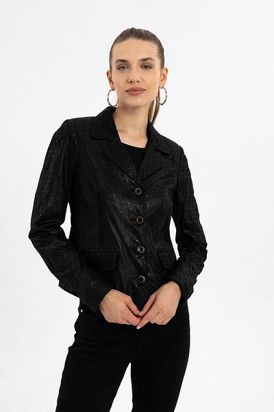 Deriderim Velia Black Printed Women's Genuine Leather Coat
