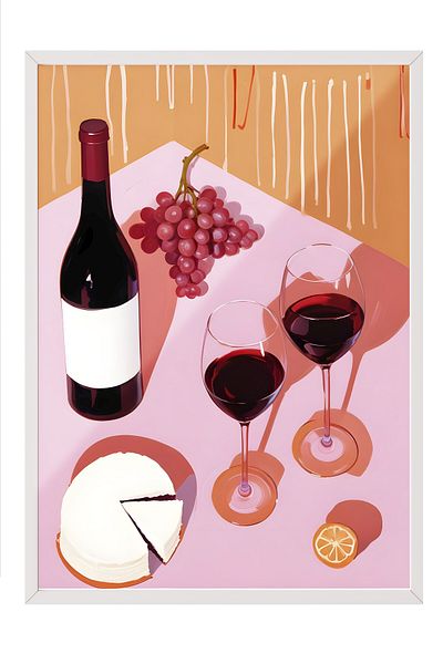 Postifull White Framed Painting, Grapes & Wine, Comfort Series Kitchen Wall Painting, No:109097