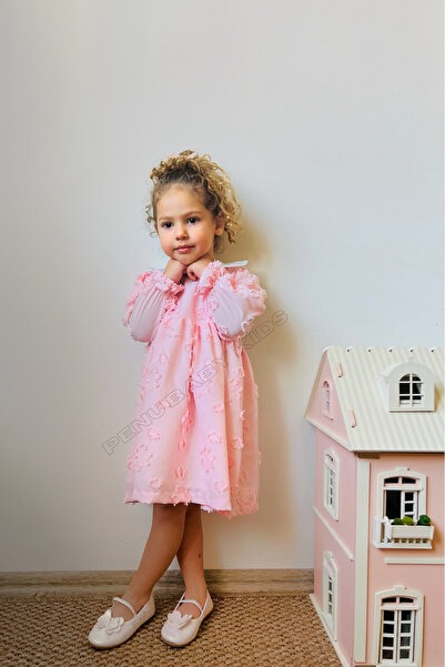 penu baby kids Pembe Mevsimlik  Çiçek Figürlü Uzun Kol Kız Çocuk Kız Bebek Elbise