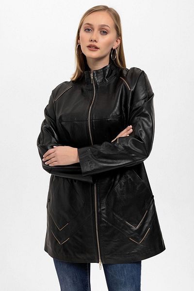 Deriderim Black Lena Zippered Wide Cut Long Women's Genuine Leather Coat
