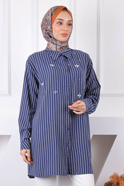 İmajButik Μπλε ναυτικό ριγέ χιτώνα με πέτρες στο μπροστινό μέρος