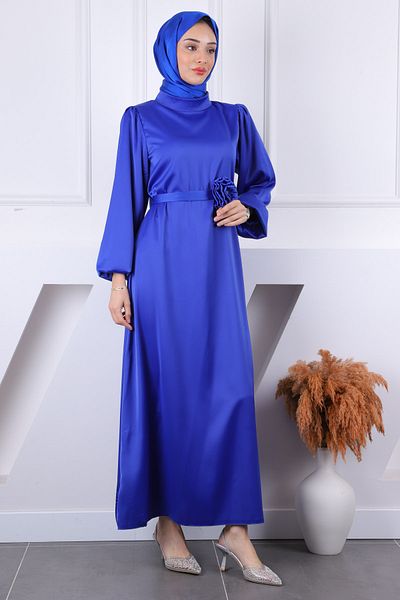 İmajButik Βραδινό φόρεμα Saks Blue Rose με λεπτομέρεια από σατέν μανίκι με μπαλόνι