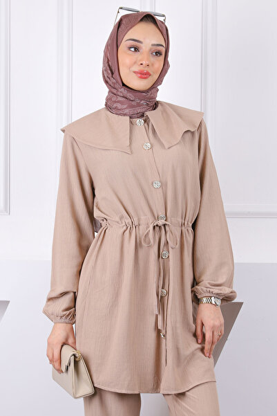 İmajButik Κοστούμι παντελόνι με δέσιμο με μινκ μέση