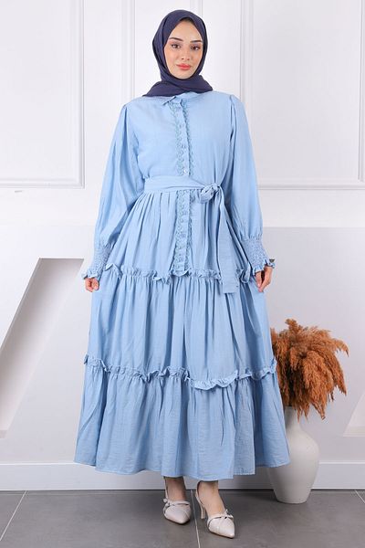 İmajButik Baby Blue Φόρεμα με Κεντητό Μπροστινό Ζώνη