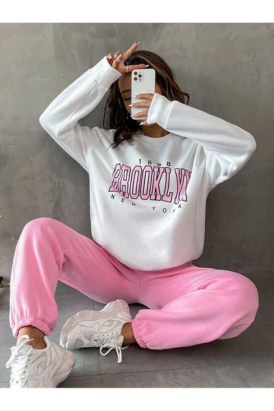 CLAYES Σετ φόρμας Brooklyn Λευκό φούτερ Pink Jogger - Εκτύπωση Oversize Hooded Crew Neck
