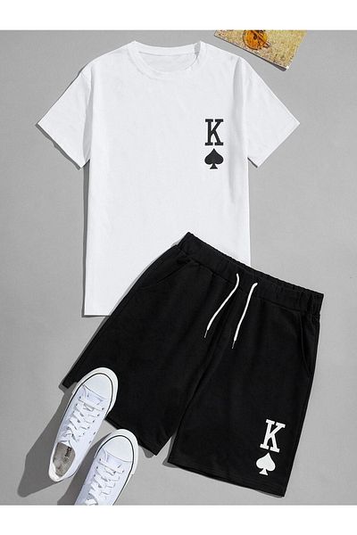 CLAYES K نمط تي شيرت السراويل - أبيض أسود أسفل أعلى مزيج السراويل تي شيرت مجموعة مطبوعة كبيرة الحجم طاقم الرقبة