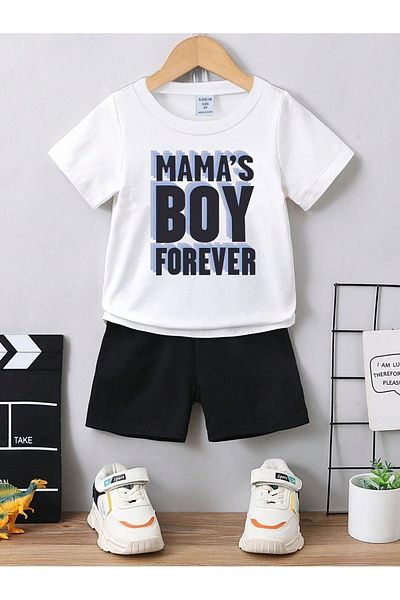 DUBU BUTİK Mamas Boy Cotton Kids Set - White T-shirt and Black Shorts - Printed Girls Boys Summer Crew Neck
