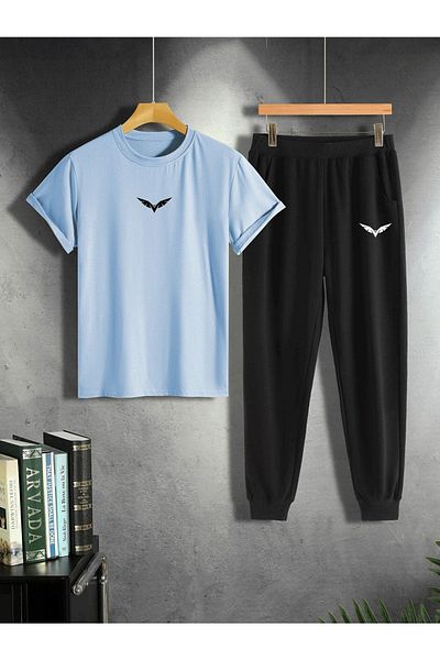 CLAYES Baby Blue T-Shirt Μαύρο Sweatpants Jogger - Σετ με στάμπα κάτω μέρος Oversize Crew Neck