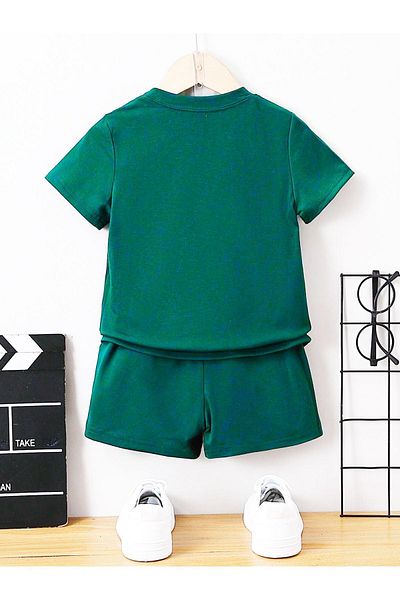 DUBU BUTİK Los Angeles Cıtyofangels Printed Children's Shorts and T-shirt Set - Crew Neck, Nefti Green
