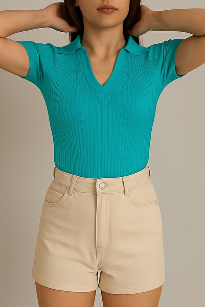 bayansepeti Turquoise Knitwear Fabric V-Neck Short Sleeve Blouse 0271