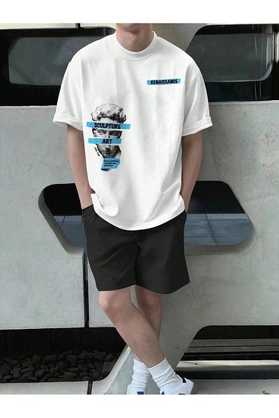 DUBU BUTİK Art T-Shirt Shorts - White Black Shorts T-Shirt Set Printed Oversize Crew Neck