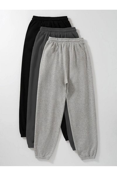 Sweetline 3-Pece Basic Straight Sweatpants Jogger - Μαύρο καπνιστό γκρι λαστιχένιο πόδι ψηλή μέση