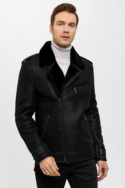 Deriderim Black Fur Sloan Biker Men's Genuine Leather Fur Coat