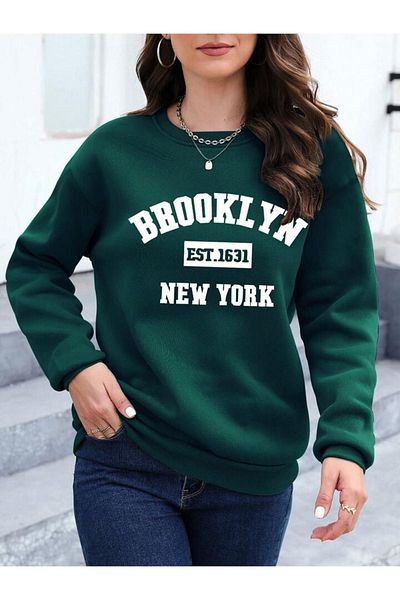 DUBU BUTİK Brooklyn 1631 Sweatshirt - Green Printed Oversize Thick Winter Crew Neck