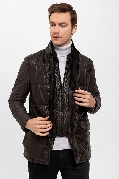 Deriderim Brown Caldo Quilted Zippered Genuine Men's Leather Coat